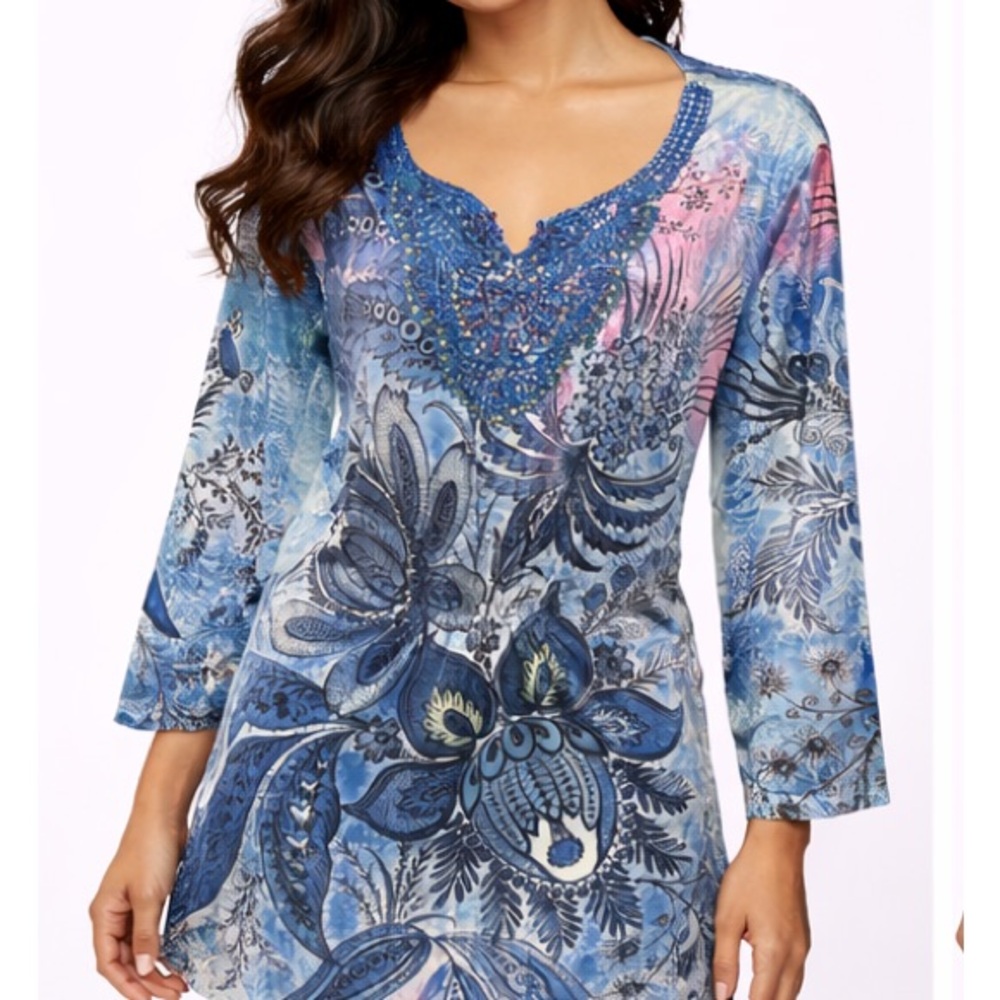 Simply Emma Blue Floral V-Neck Long Sleeve